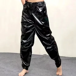 Men Mid Waist Shiny Faux Latex Leather Loose Hiphop Pants With Pocket Male Solid Color Stretch PVC Trousers Clubwear New Custom