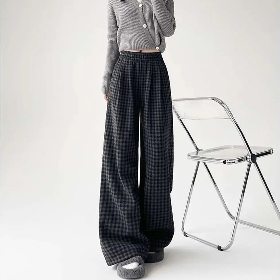 منقوشة طباعة شتاء دافئ بنطال ذو قصة أرجل واسعة المرأة عادية عالية الخصر الشارع مستقيم بنطلون Hatajuku Y2k شيك ملابس عصرية الكورية #6