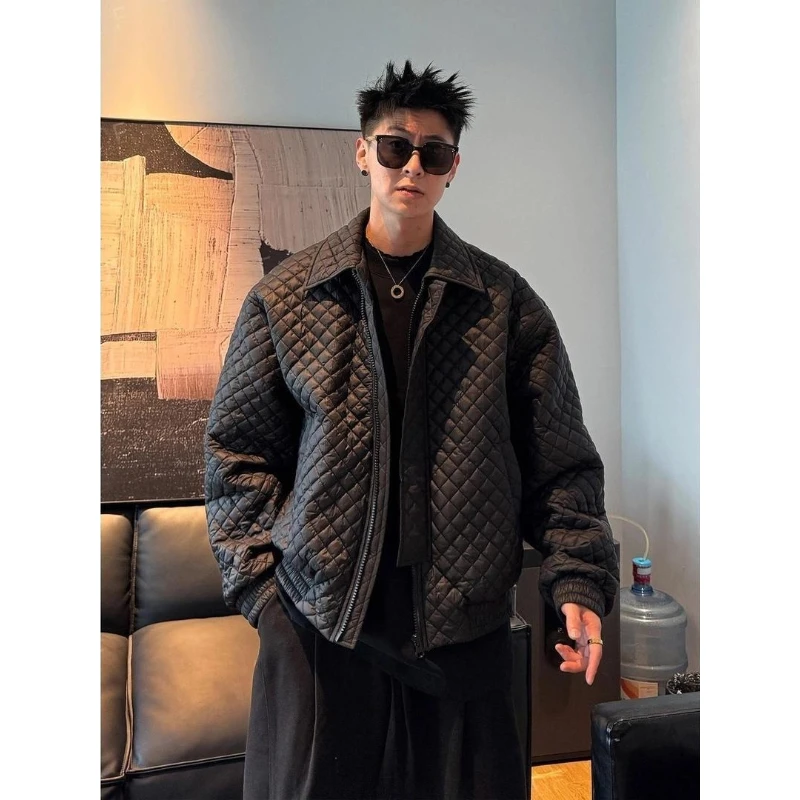 Winter lapel warm rhombus cotton-padded clothes men's short trend loose high-end cotton clothes men's casual versatile jacket