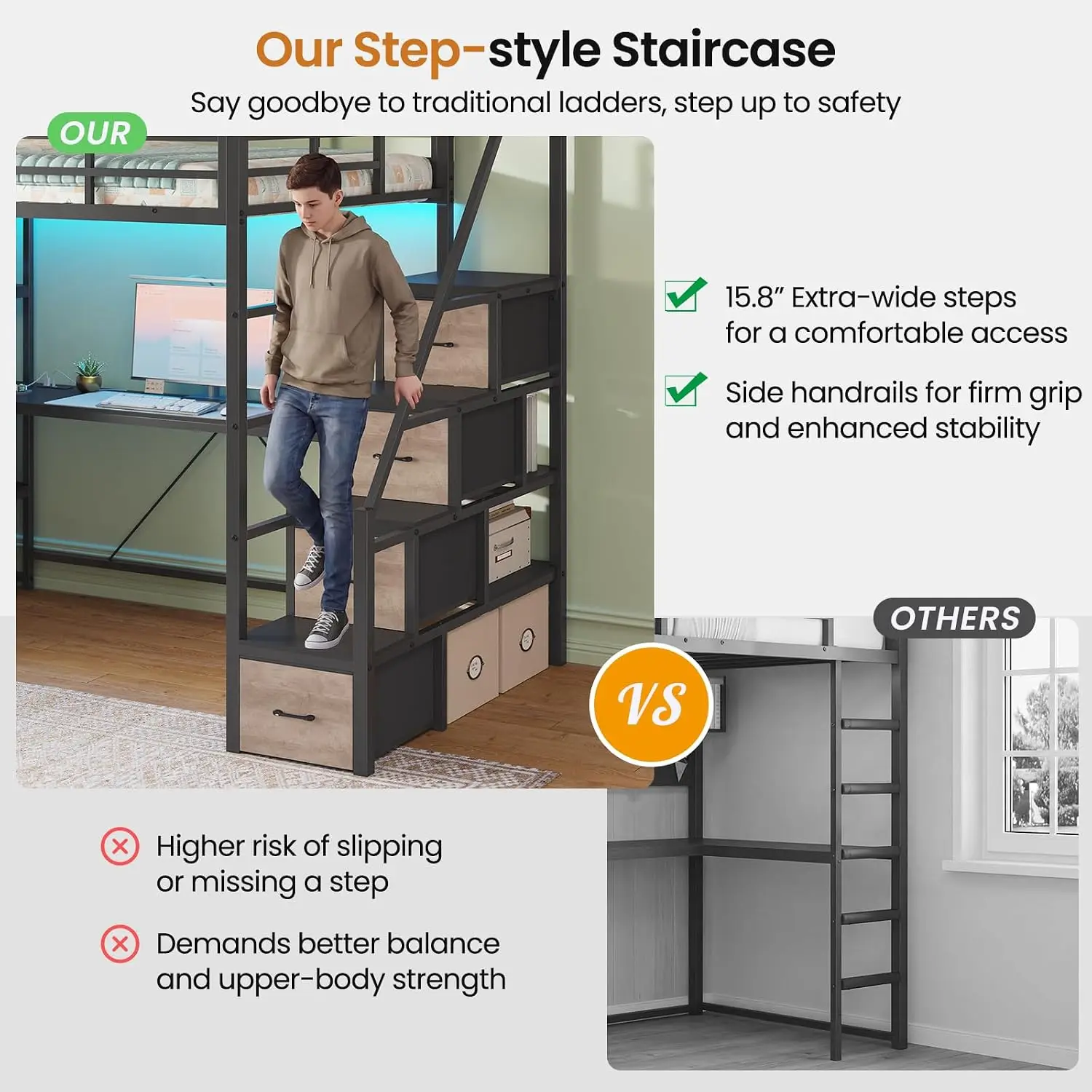 Loft Bed Twin Size with Storage Stairs,Desk & Power Strips,Metal Twin Loft Bed with LED Lights,8 Storage Drawers & Open Shelves