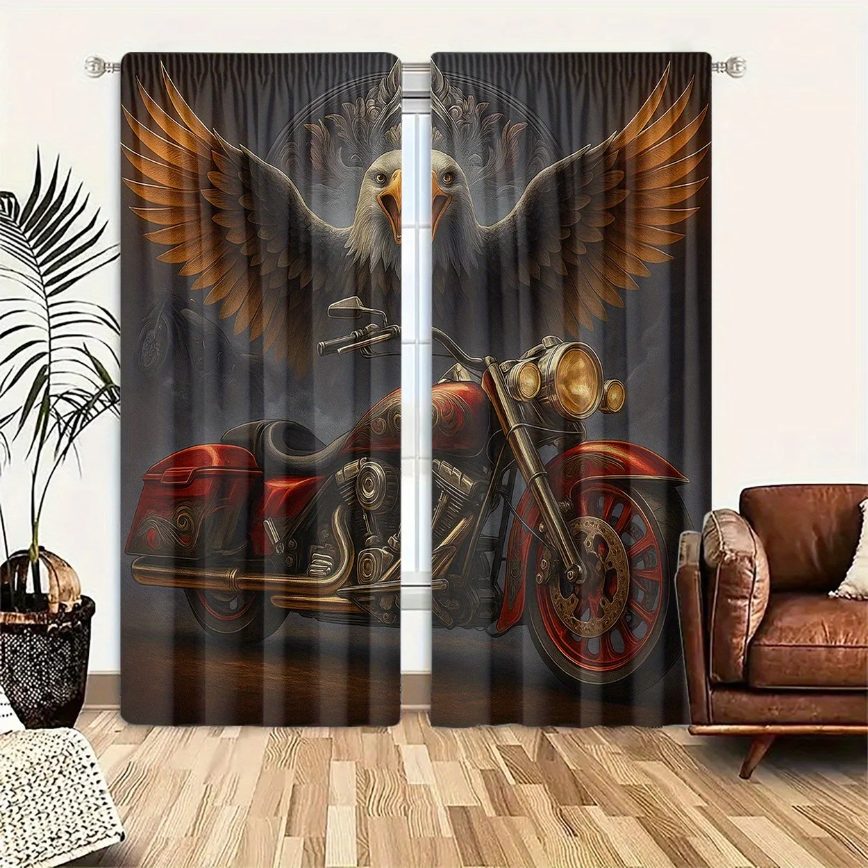 Bald Eagle Red Motorcycle Curtain 2 Panels, Retro Cruiser Bike Golden Wing Eagle Dark Smoke Print, Drapes Bedroom Biker Curtain