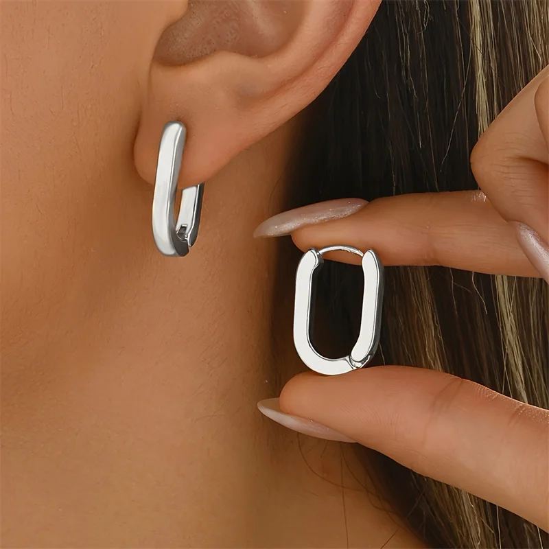 Stainless Steel Smooth Metal Hoop Earrings for Women Girls Oval Circle Hoops Jewelry Gift Fashion Accessories ﻿