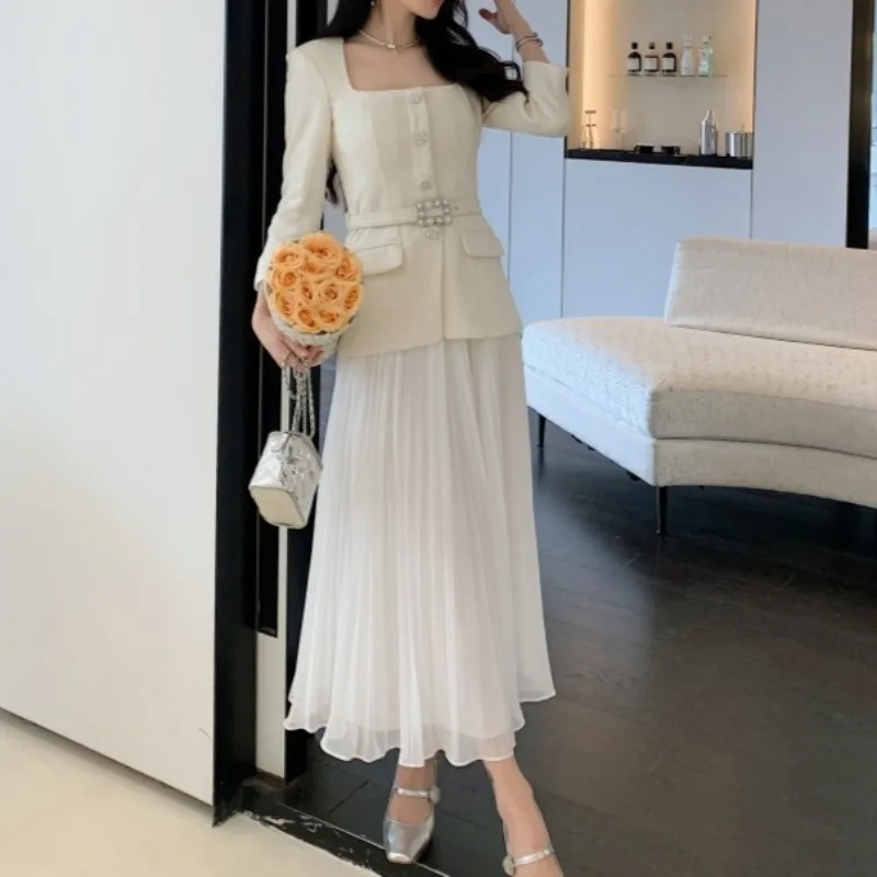 

Абрикосовое твидовое платье, женское элегантное платье с длинными рукавами и поясом, осенне-зимняя винтажная длинная одежда для женщин