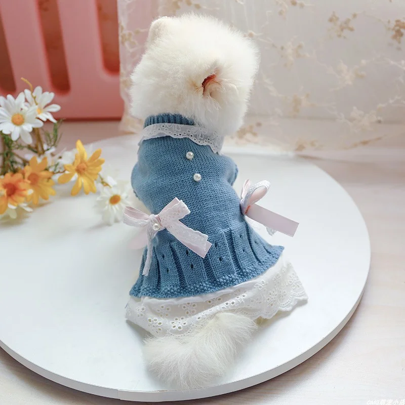 1PC Pet Clothing Dog Cat Autumn/Winter Blue Lady Knitted Skirt Suitable for Small and Medium sized Dogs