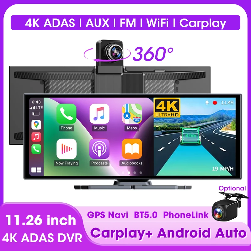 

JMCQ 11.26 inch 4K ADAS Touch Screen Car DVR Dash Cam 5G WiFi Wireless Carplay Android Auto GPS Navigation Park Monitor Recorder
