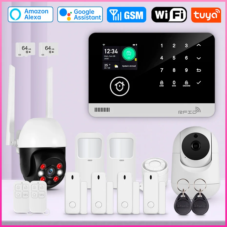 

Система сигнализации для дома Tuya WIFI GSM Охранная сигнализация Хост противоугонной сигнализации с дверью и датчиком движения Tuya Smart App управление работает Alexa