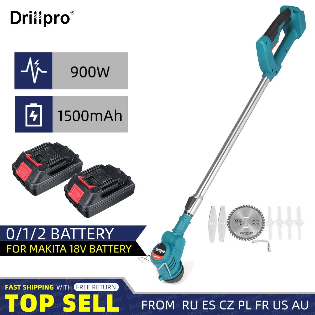 Drillpro 21V 900W электрическая газонокосилка аккумуляторный триммер для травы садовый инструмент для обрезки перезаряжаемый 2 батареи для Makita 18V аккумулятор