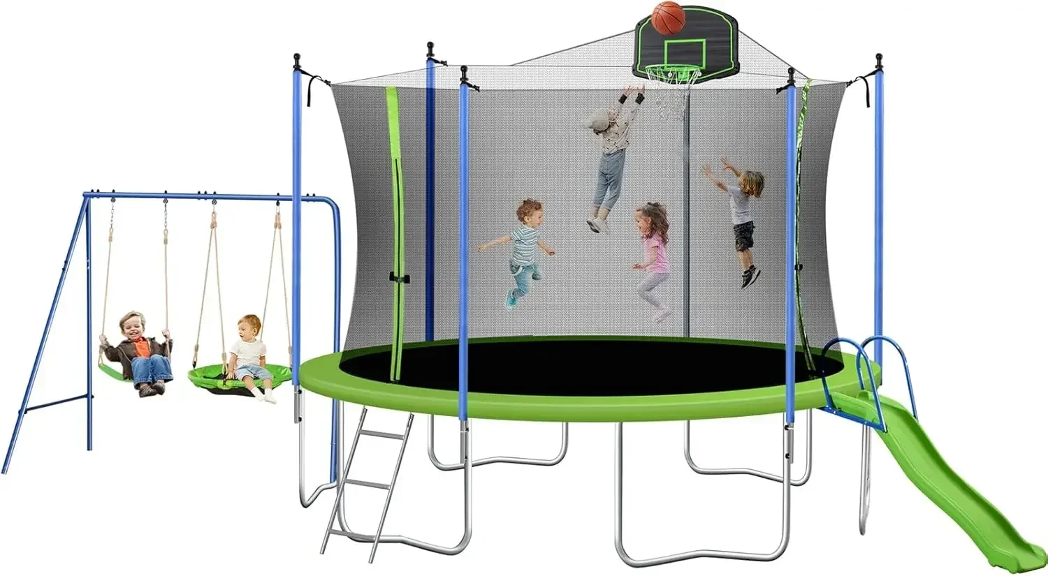 Minimalist 14FT Outdoor Trampoline With Swing, Slide, Basketball Hoop, Safety Enclosure And Ladder, Outdoor Recreational Tram