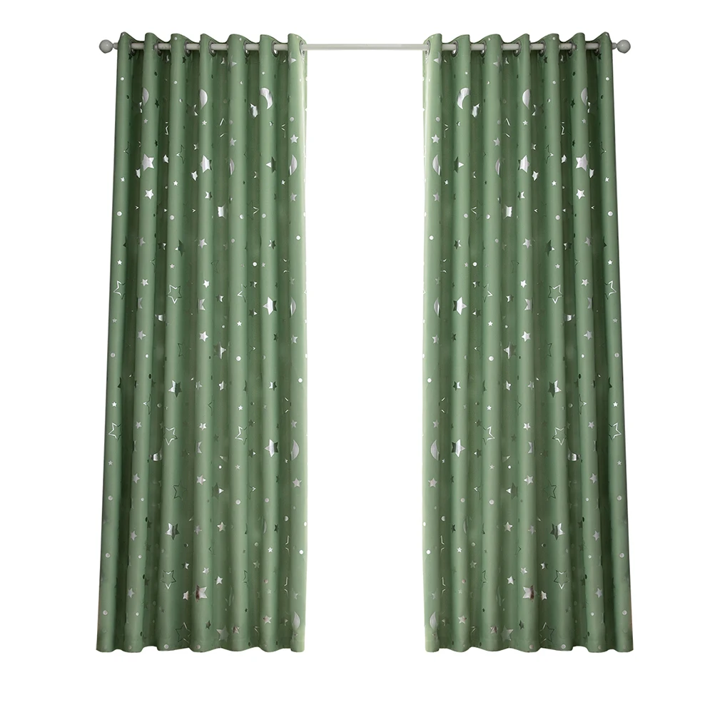 

Insulated Curtains Blackout Simple Fashion Silver Stars Moon Window Curtain Household Green Thermal Privacy Punching