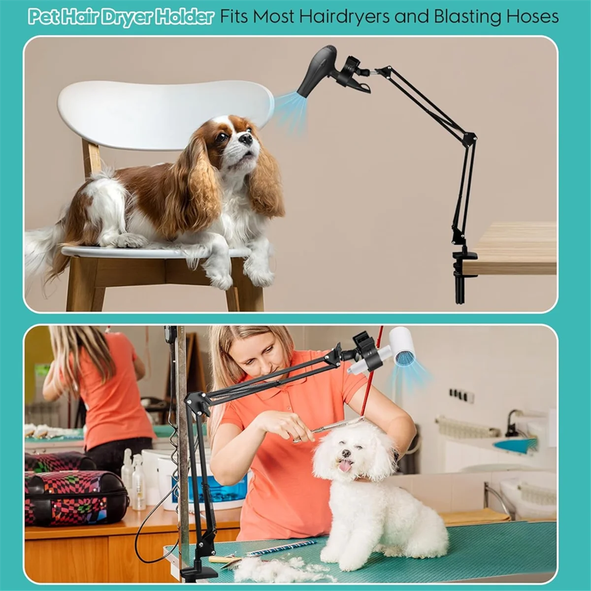 

A67Z Dog Hair Dryer Holder,360° Rotatable Hands-Free Pet Dryer Holder, with Adjustable Clamp , Fits Most Hairdryers