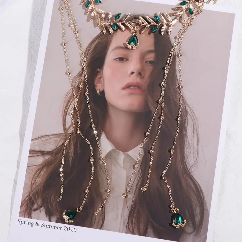 Vintage Olive Leaf Head Chain เครื่องประดับคริสตัลหน้าผากแถบคาดศีรษะ Frontlet พู่ Hellenism เครื่องประดับอุปกรณ์เสริมผม