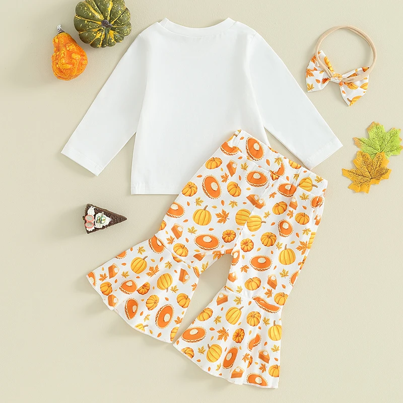 Thanksgiving Baby Girl 3-Piece Outfit Set with Long Sleeve Top Pumpkin Flare Pants and Headband - Adorable Toddler Clothing