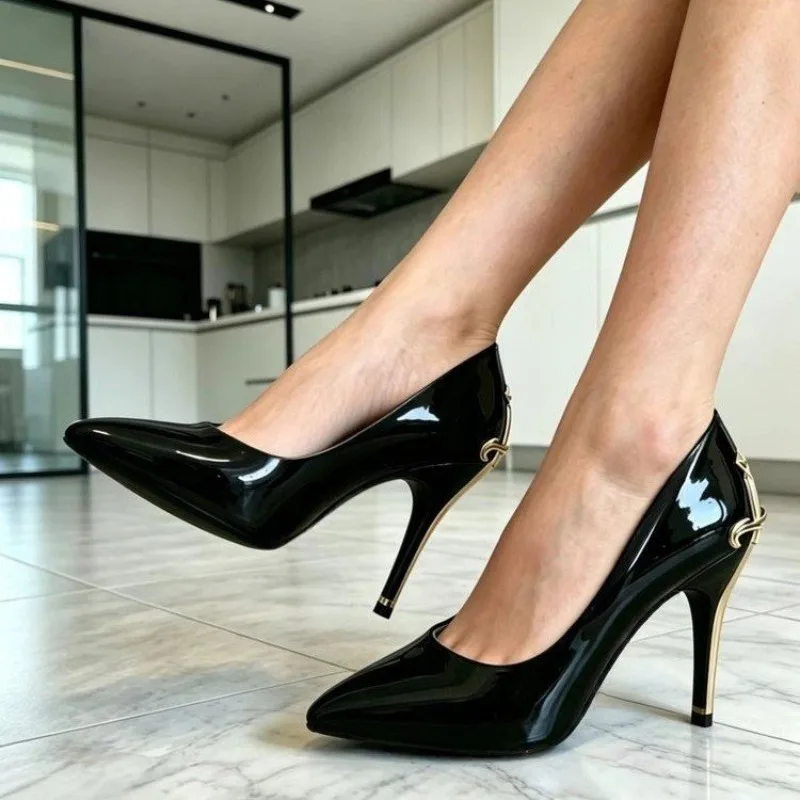 2026 New Red Sole High Heels Women's Thin Heel Pointed Toe Metal Sword Sexy Lady Black Painted Leather Single Shoes image 4