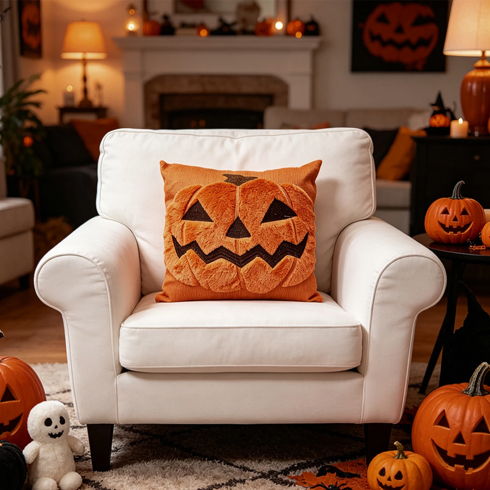 Decorative Halloween Cushion Cover 18x18 Pumpkin Ghost Plush Faux Fur Single-Sided Embroidery Hidden Zipper