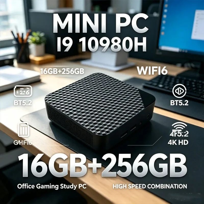 Mini PC Intel Core I9 10980HK Compact Pro 32GB RAM Big SSD 4K Screen WiFi6 BT5.2 Multifunctional Office Gaming Device
