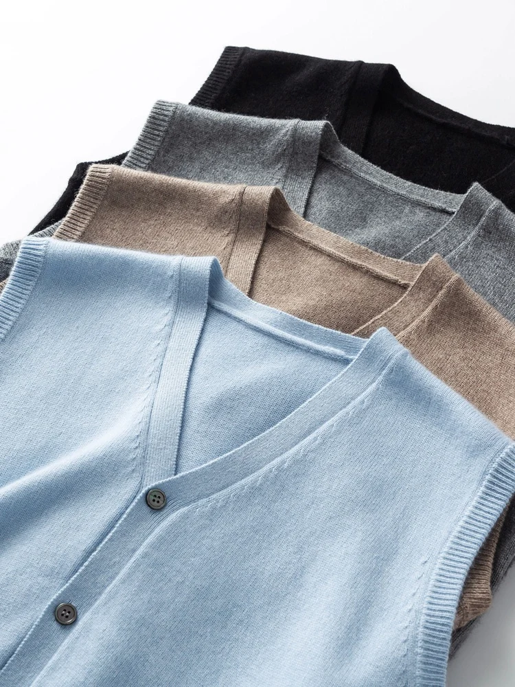 

Men V-neck Cashmere Waistcoat Sweater Sleeveless Cardigan 100% Cashmere Knitwear Autumn Winter Business Gentle Tops Vests