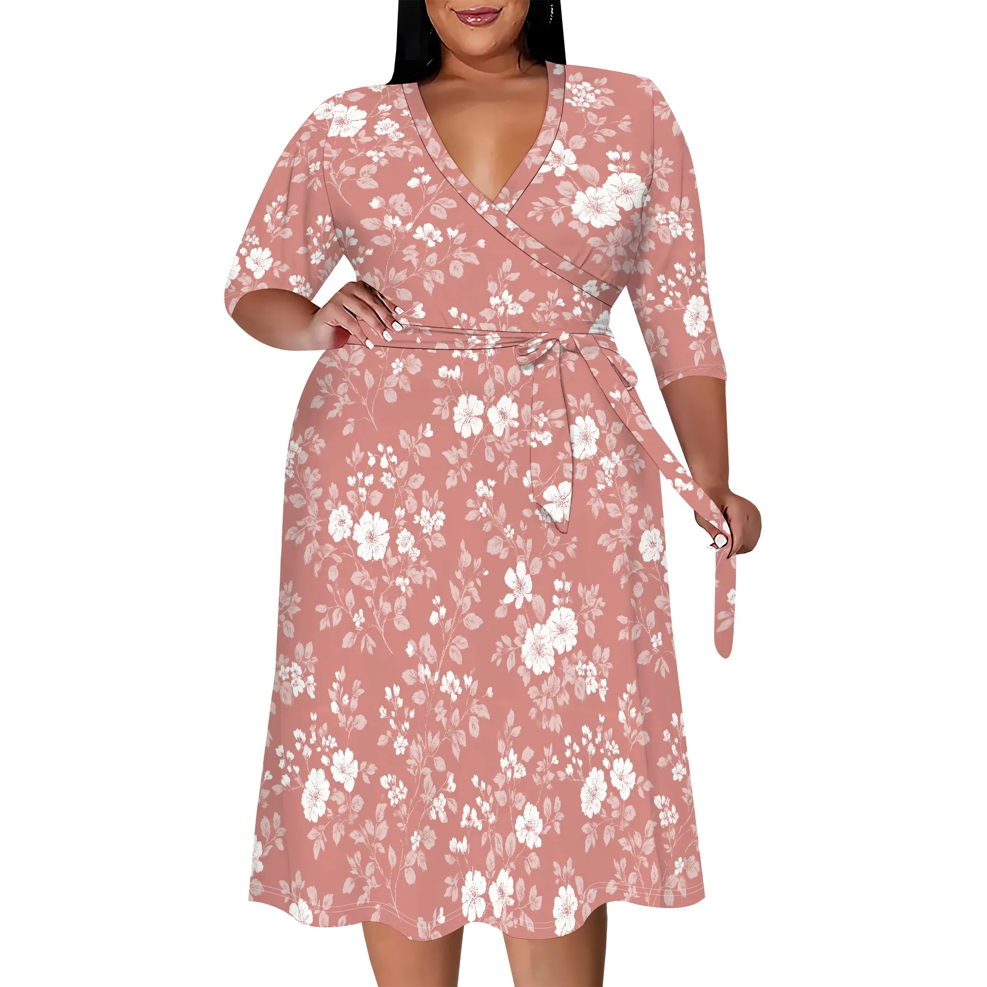 

Женское платье макси больших размеров с V-образным вырезом и запахом, с короткими рукавами и высокой талией, с рюшами, летнее повседневное платье с поясом