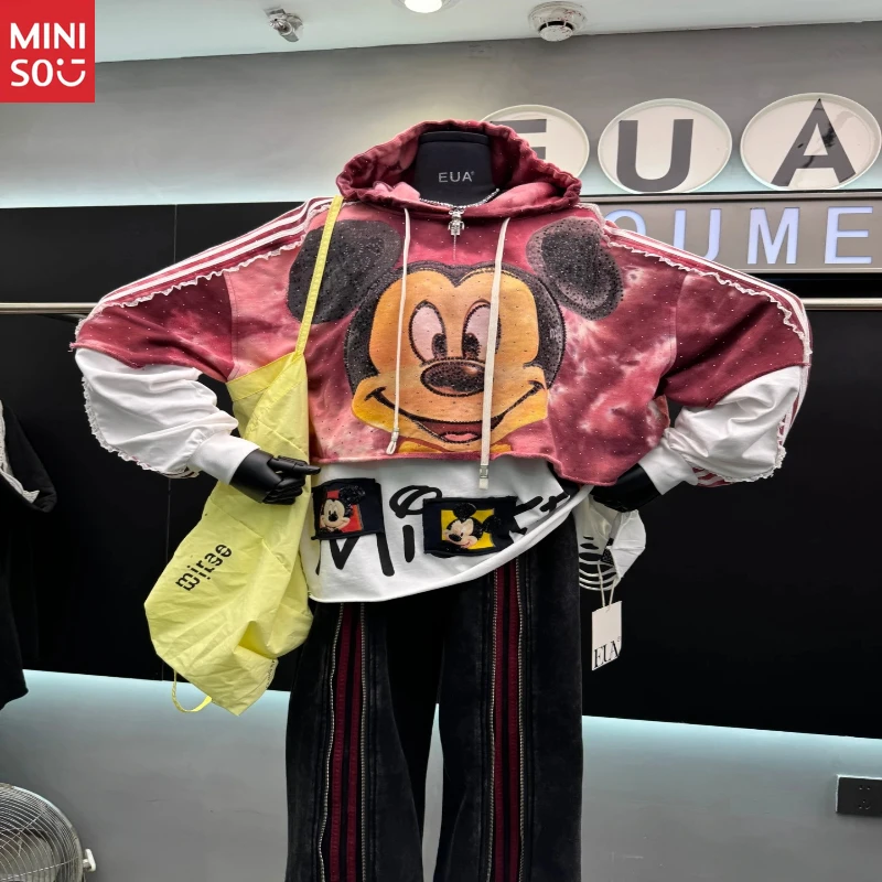 

2025 Autumn Heavy Duty Full Rhinestone Cartoon Mickey Ripped False Two Piece Hooded Sweatshirt Women (78 characters)
