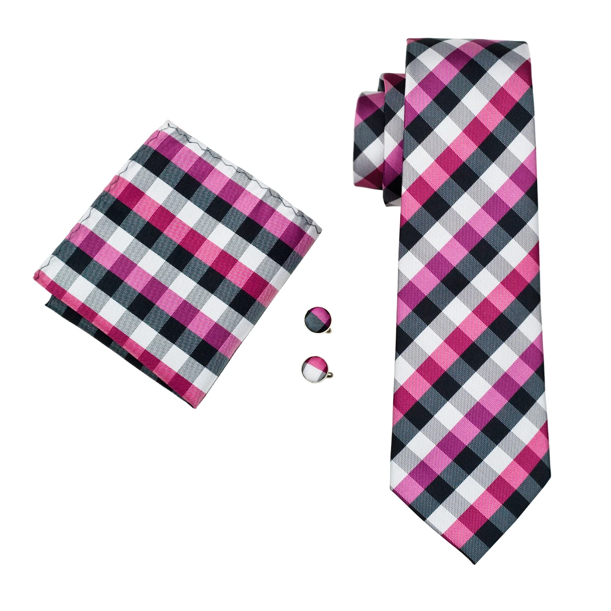 Men Tie Set with Pocket Square Cufflinks Classic Check Plaid Necktie 3 Pieces Formal Suit Accessory for Wedding Business Party