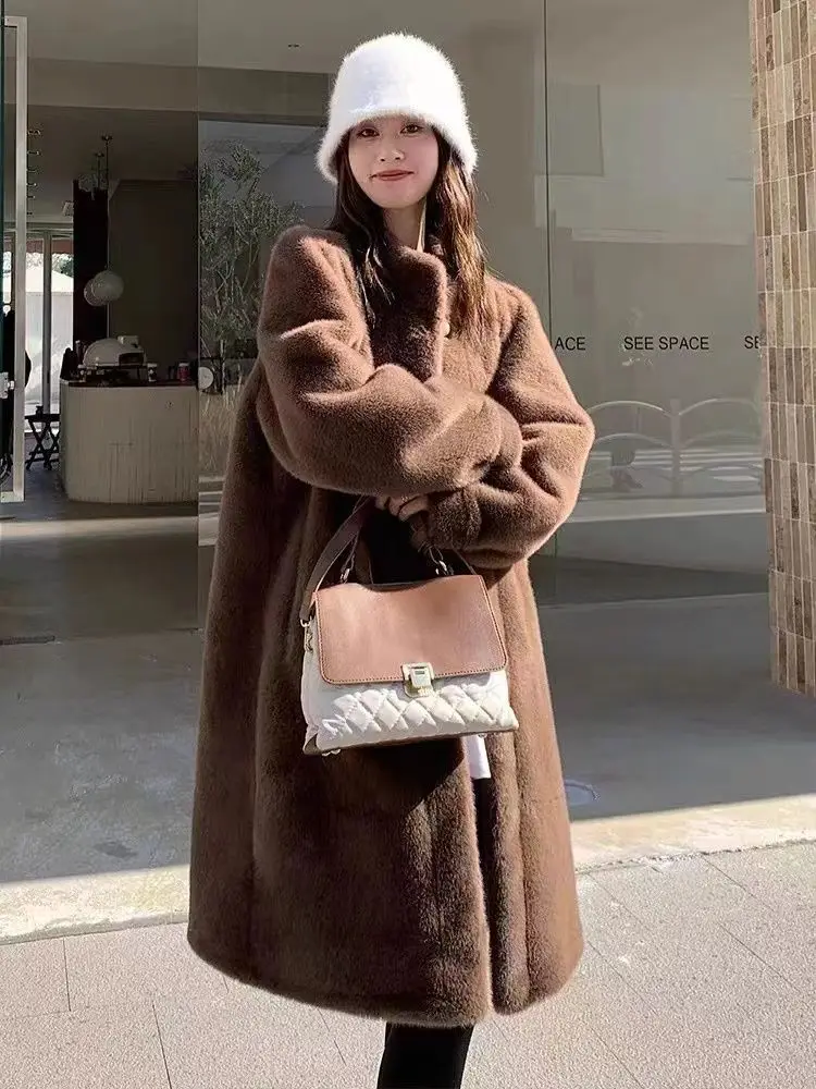 Women new autumnwinter mink fur mink coat standing collar long fur integrated eco-friendly jacket fashionable warm windbreaker