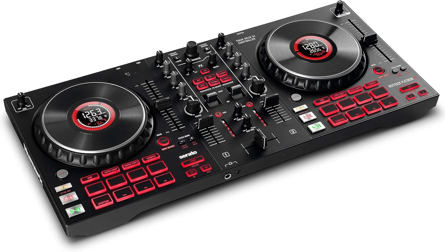 Mixtrack Platinum FX - DJ Controller For Serato DJ with 4 Deck Control, DJ Mixer, Built-in Audio Interface, Jog Wheel Dis