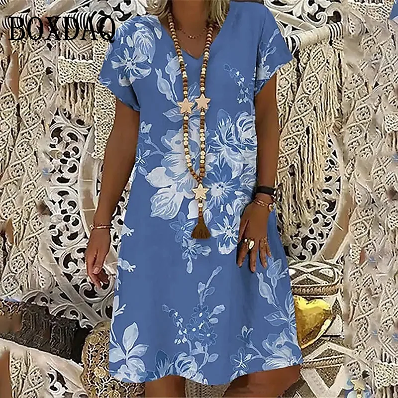 New 2022 Women Oversized Dress Short Sleeve Floral Printed Mini Dress Summer V Neck Casual Modern Loose Pullovers Ladies Dress