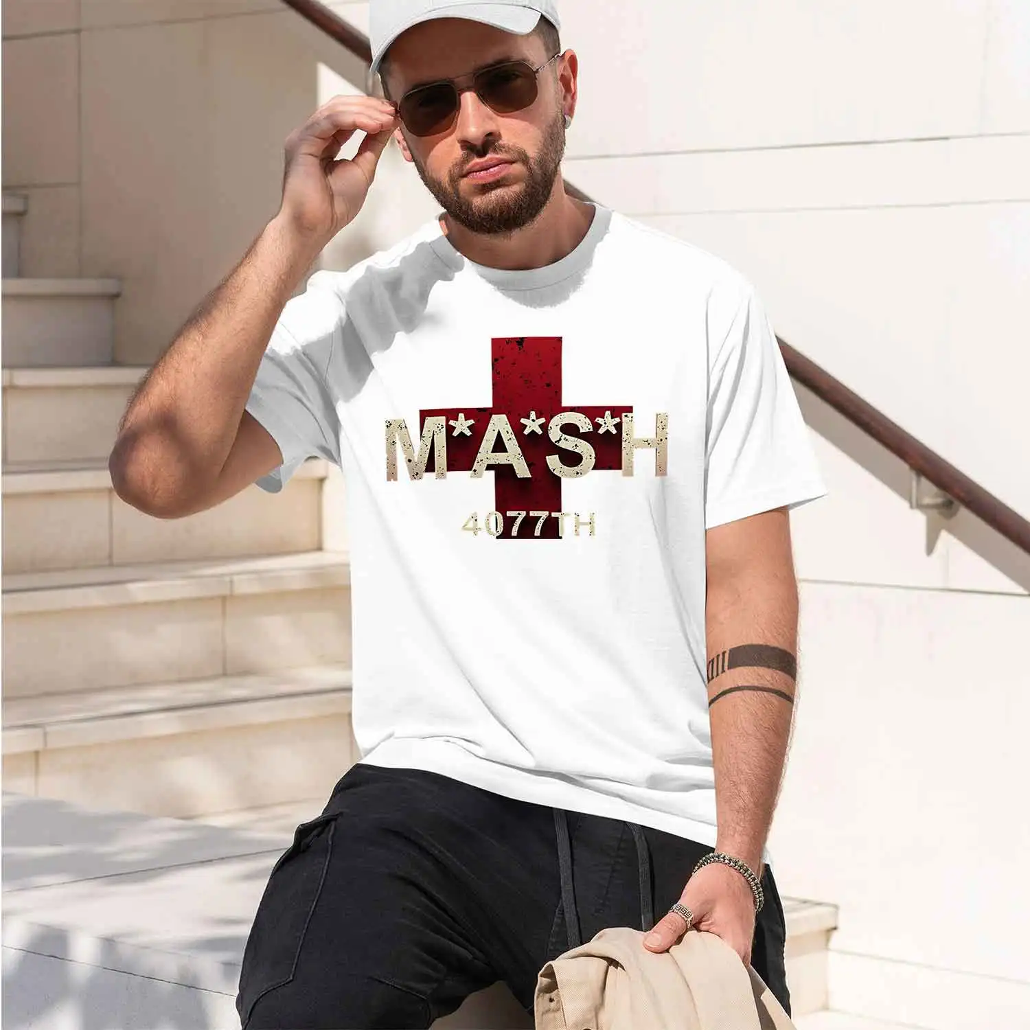 MASH 4077TH Print Lightweight Visor with s Stripes Design and Perfect Hiking Travel and 2026 New Model Men’s Short-sleeve crewne
