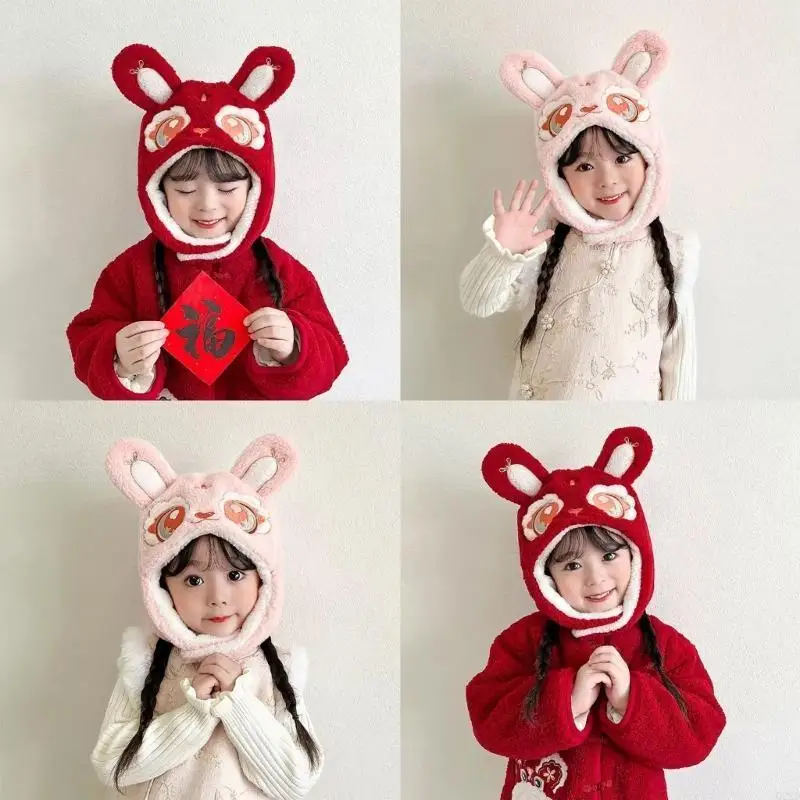 

Q22D Kids Warm & Cozy Winter Hat with New Year Embroidery Windproof & Ear Protecting Flap Hat Unique Designs Hat Gift