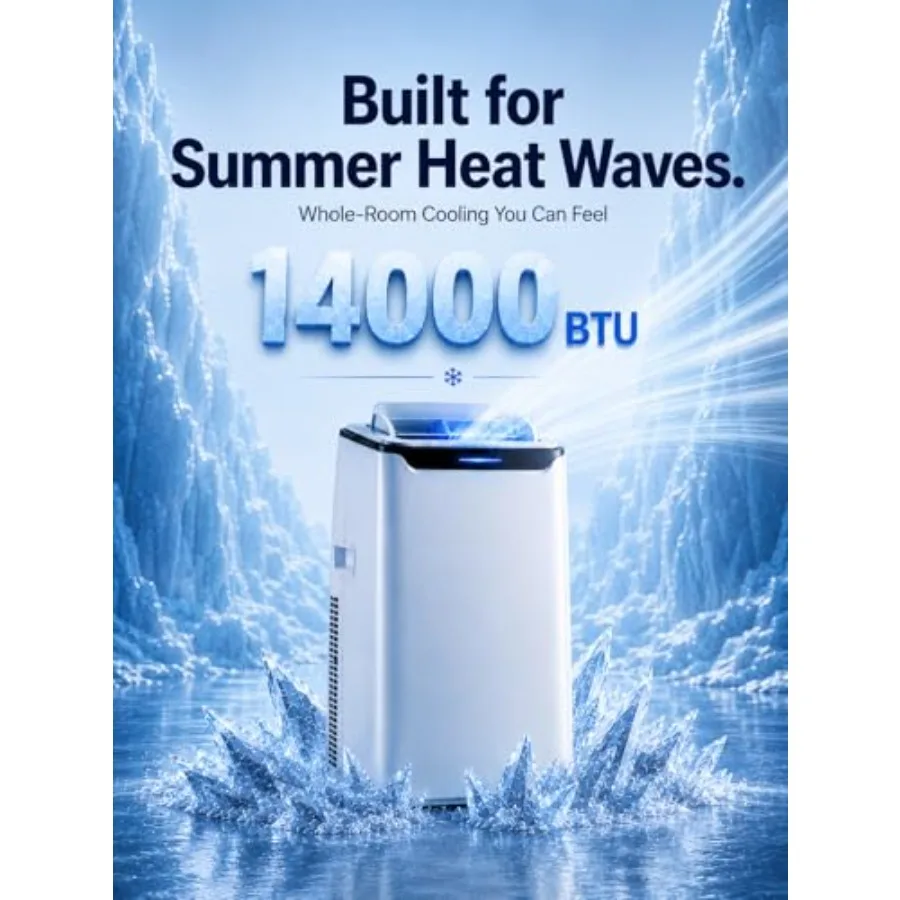 Portable Air Conditioner for bedroom/apartment/living room, 14000 BTU fast cooling up to 700 sq.ft, white plastic unit with ene