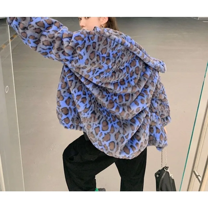 

Vintage Hong Kong Style Leopard Print Imitation Rabbit Velvet Jacket Women's Fur Winter Loose Warm Jacket Plush Stand-up Coat