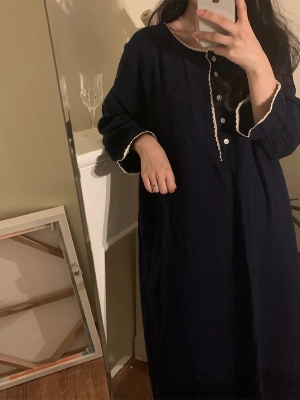 Pure Cotton Nightgown Soft Simple Lace Color Block Dress Home Clothes Women's Sleepwear Can Be Worn outside Casual Home Scene