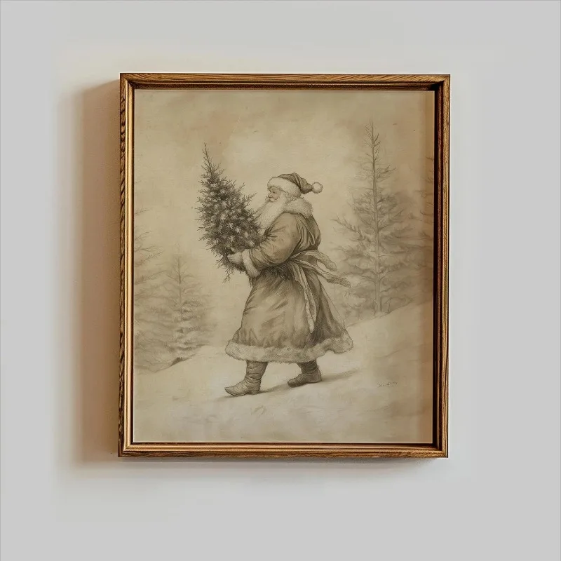 Vintage Santa Claus Canvas Wall Art Unframed Print Santa Carrying Christmas Tree Winter Forest Poster for Rustic Home Decor