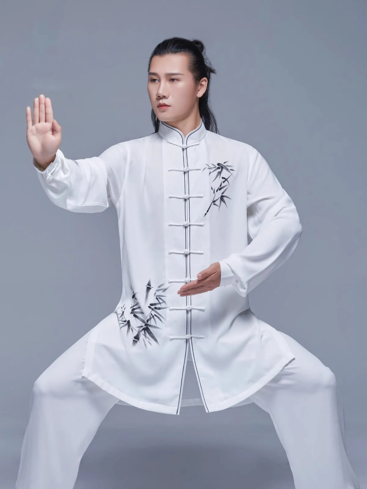 Kun Master Hand Painted Bamboo Leaves Kung Fu Uniform Martial Arts Tai Chi Clothing White Chinese Traditional Clothes