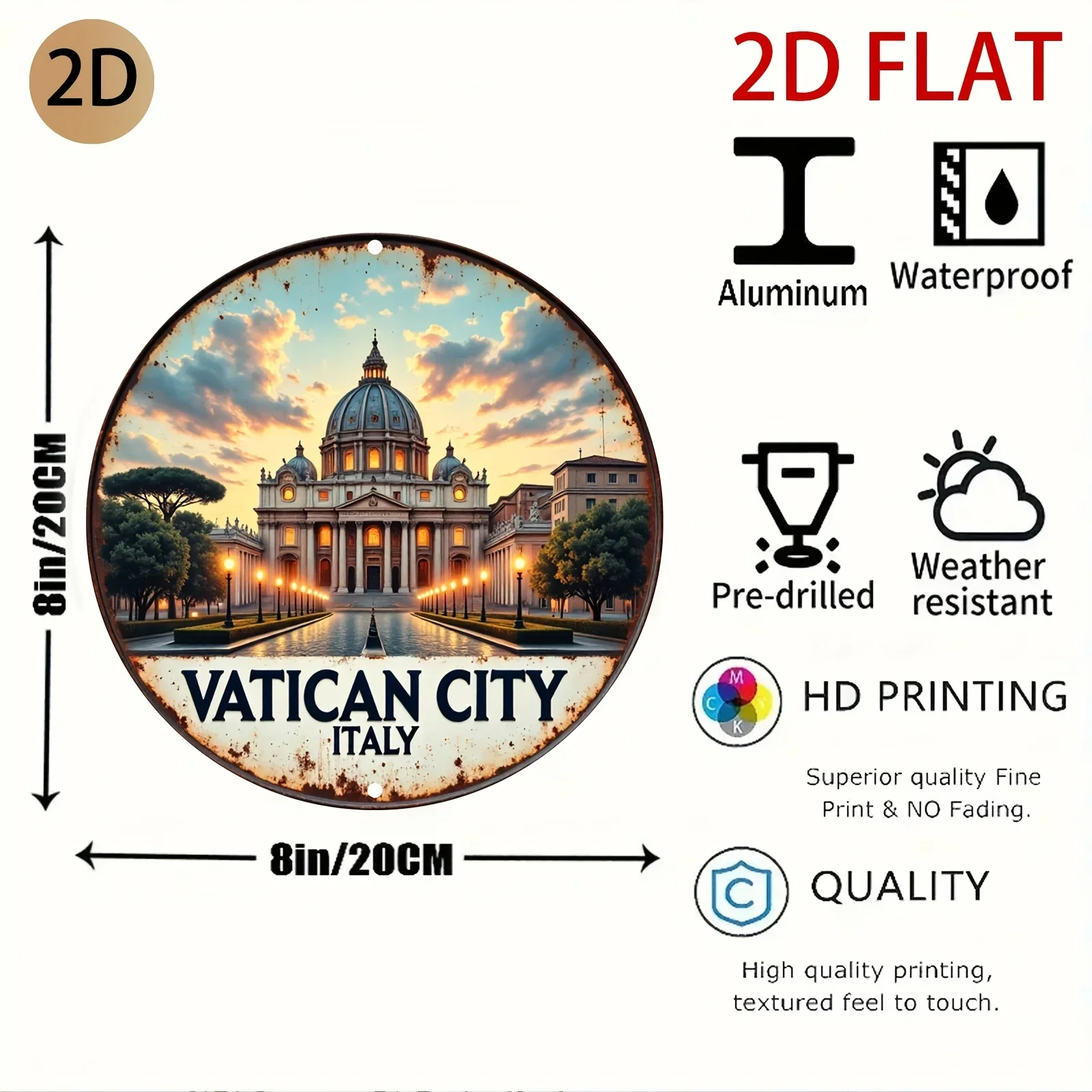 2D Flat Vatican City Retro Round Aluminum Wall Sign Travel Collection Living Room Decor
