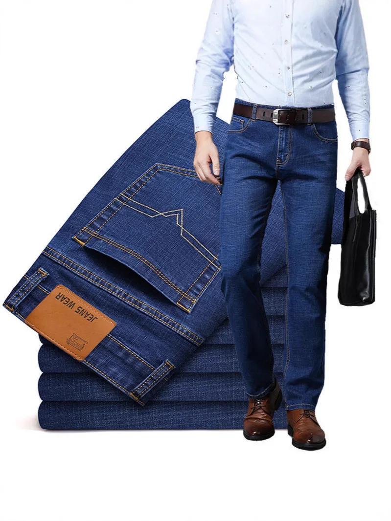 جينز صيفي رقيق غير رسمي فضفاض للرجال ذو ساق مستقيمة مقاس كبير سروال عمل مريح من القطن الدنيم للرجال موضة الشباب #1