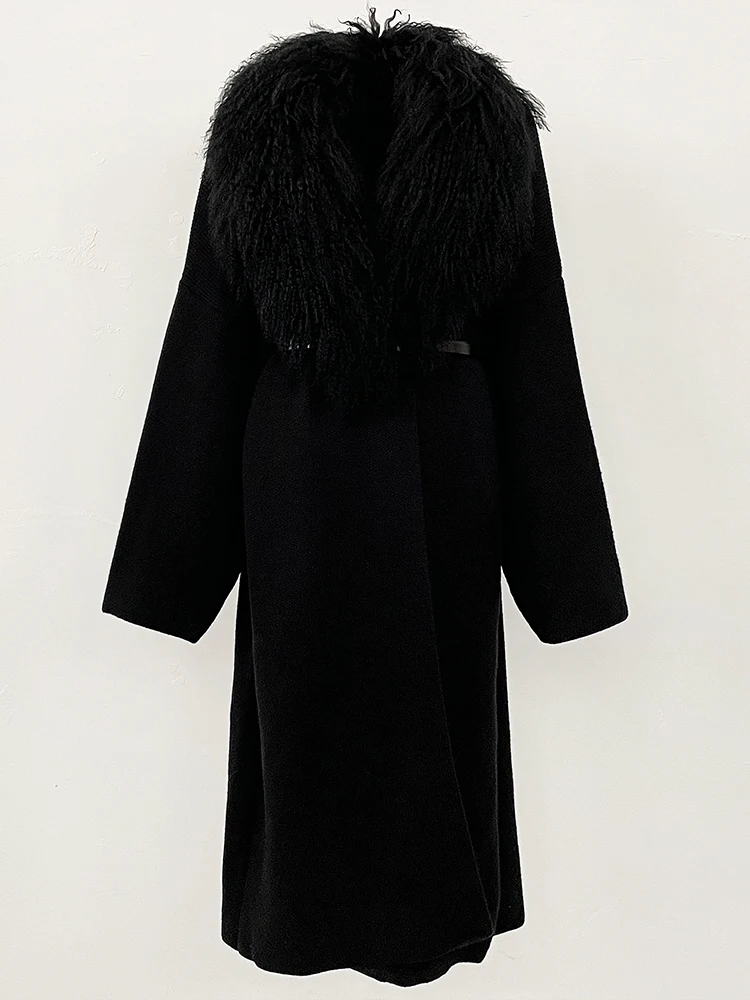 2025 겨울 가디건 여성용 진짜 몽골 양털 스웨터 롱 웜 벨트 의류 여성 패션 트렌디 의류