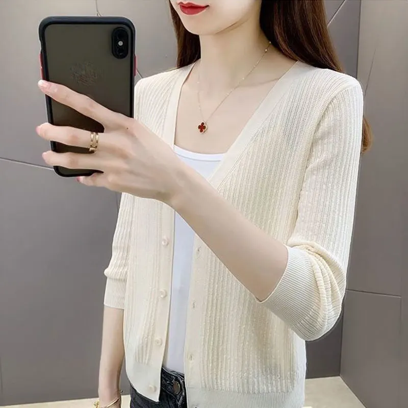 

Women Summer Casual Simplicity Solid Color V-neck Long Sleeve Knitwear Women Clothes Fashion Office Lady Elegant All-match Tops