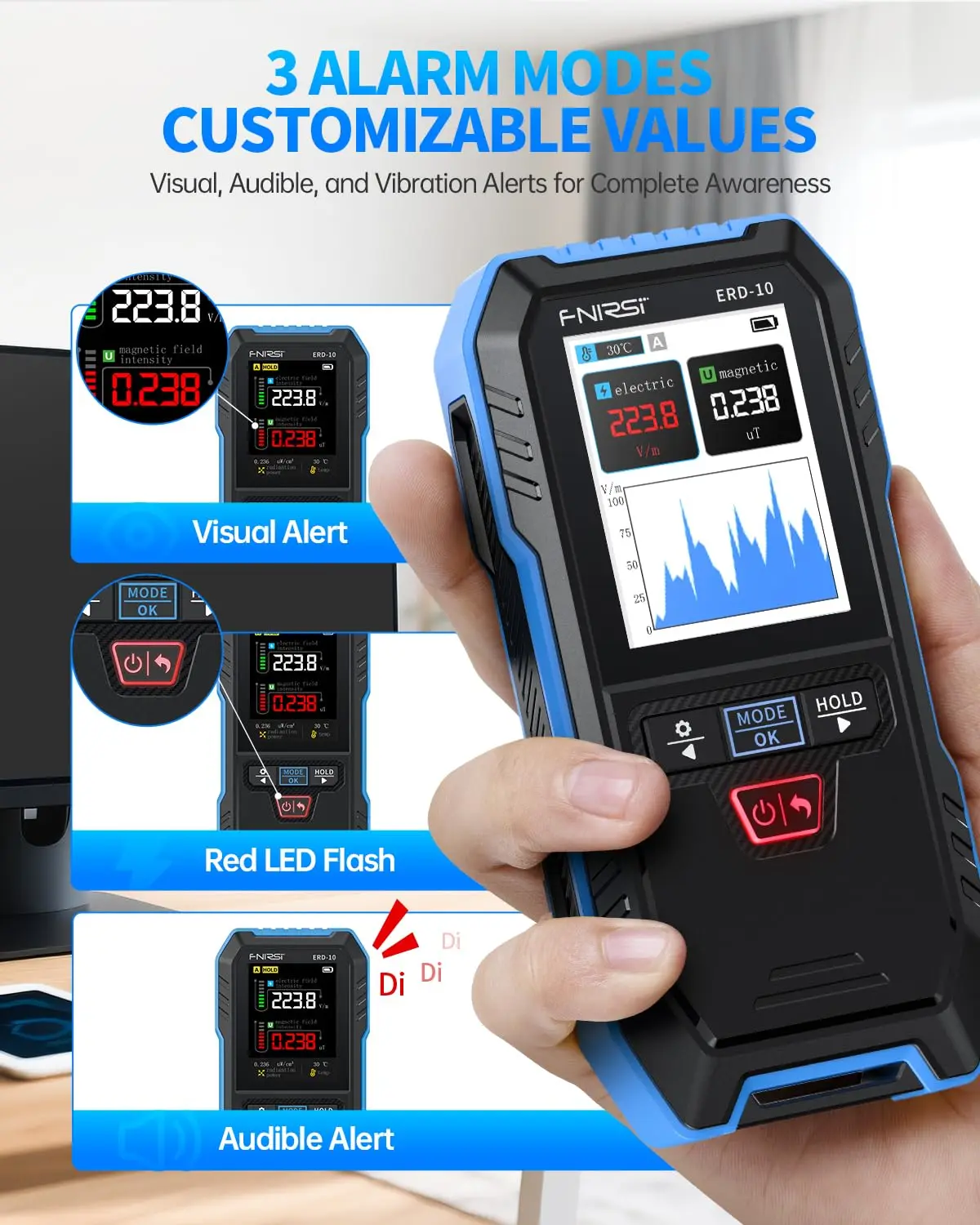كاشف FNIRSI ERD-10 EMF، 4 في 1 مقياس إشعاع EMF مع وضع المنحنى، كاشف تردد الراديو للمجال الكهرومغناطيسي لقارئ EMF #6