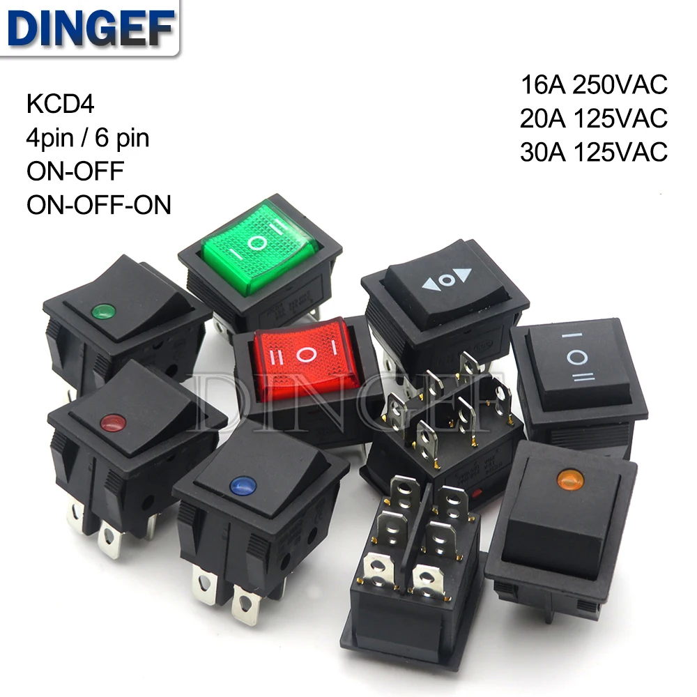 1PCS rocker switch KCD4 4PIN 6PIN 2 / 3 position ON-OFF Mini with light cat-eye 220V LED rocker switch button 16A 30A 250VAC 20A