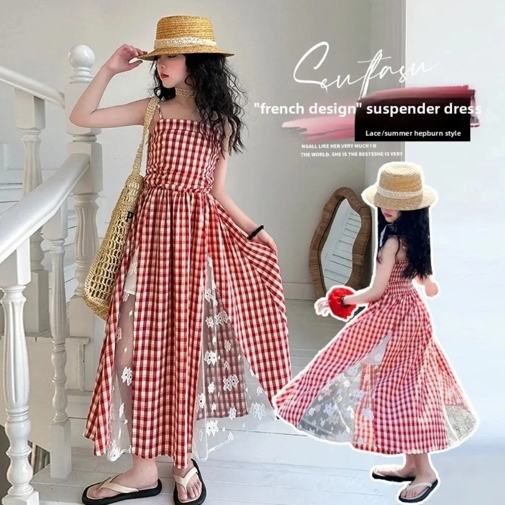 

Suspenders Children Plaid Dress Ruffled Sleeveless Kids Grid Long Dress with Mesh Lace Flower Loose Girls Patchwork Skirt Travel