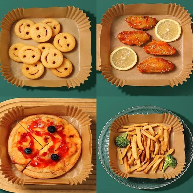 100개 논스틱 에어프라이어 라이너 오일 방수 파치먼트 종이 베이킹 로스팅 전자레인지 프리컷 에어프라이어 액세서리