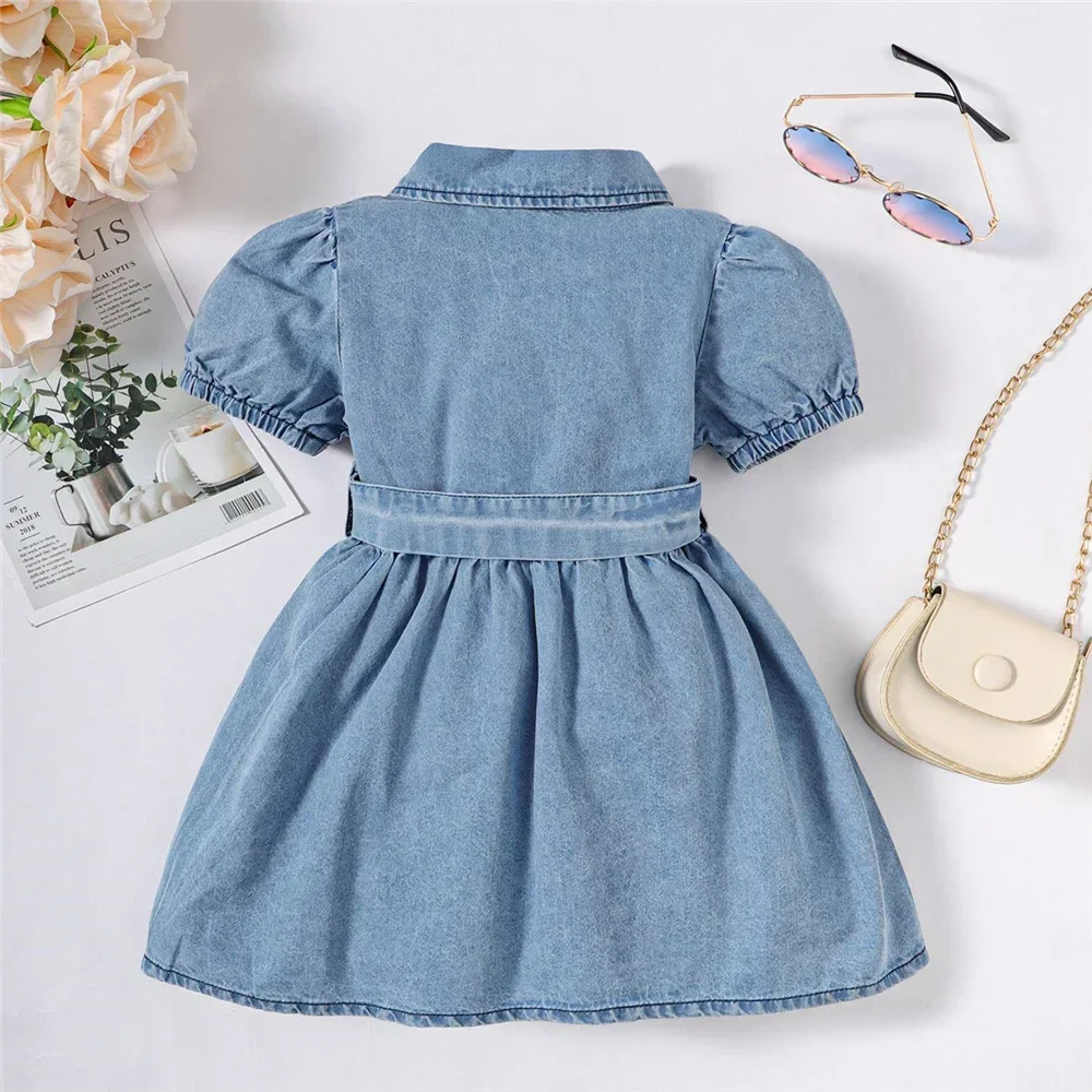 Summer Toddler Baby Girl Fashion Dress Bubble Sleeve Lapel Jeans Casual Dresses Birthday Party Costumes for Kid Girls 1-3 Years