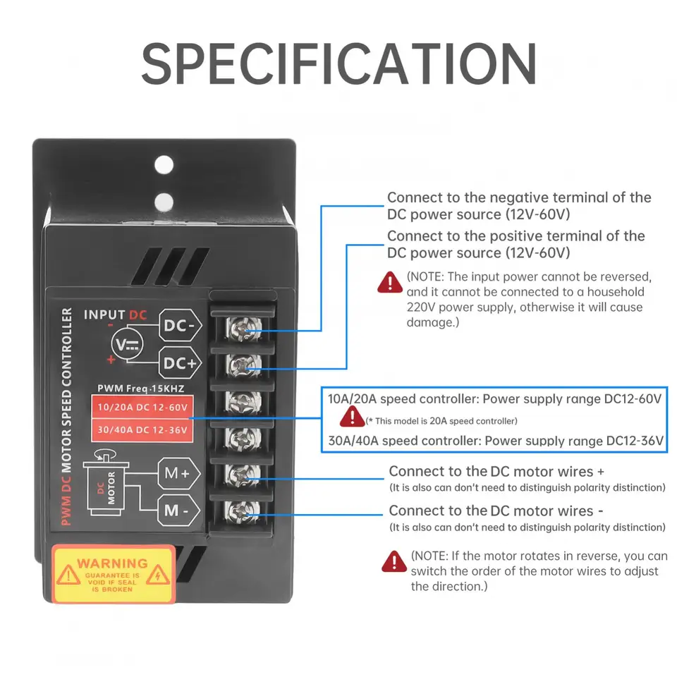 DC Motor Speed Controller – 12V To 60V, 20A, Forward/Reverse & Stop, Compact PWM Regulator For Brush Motors