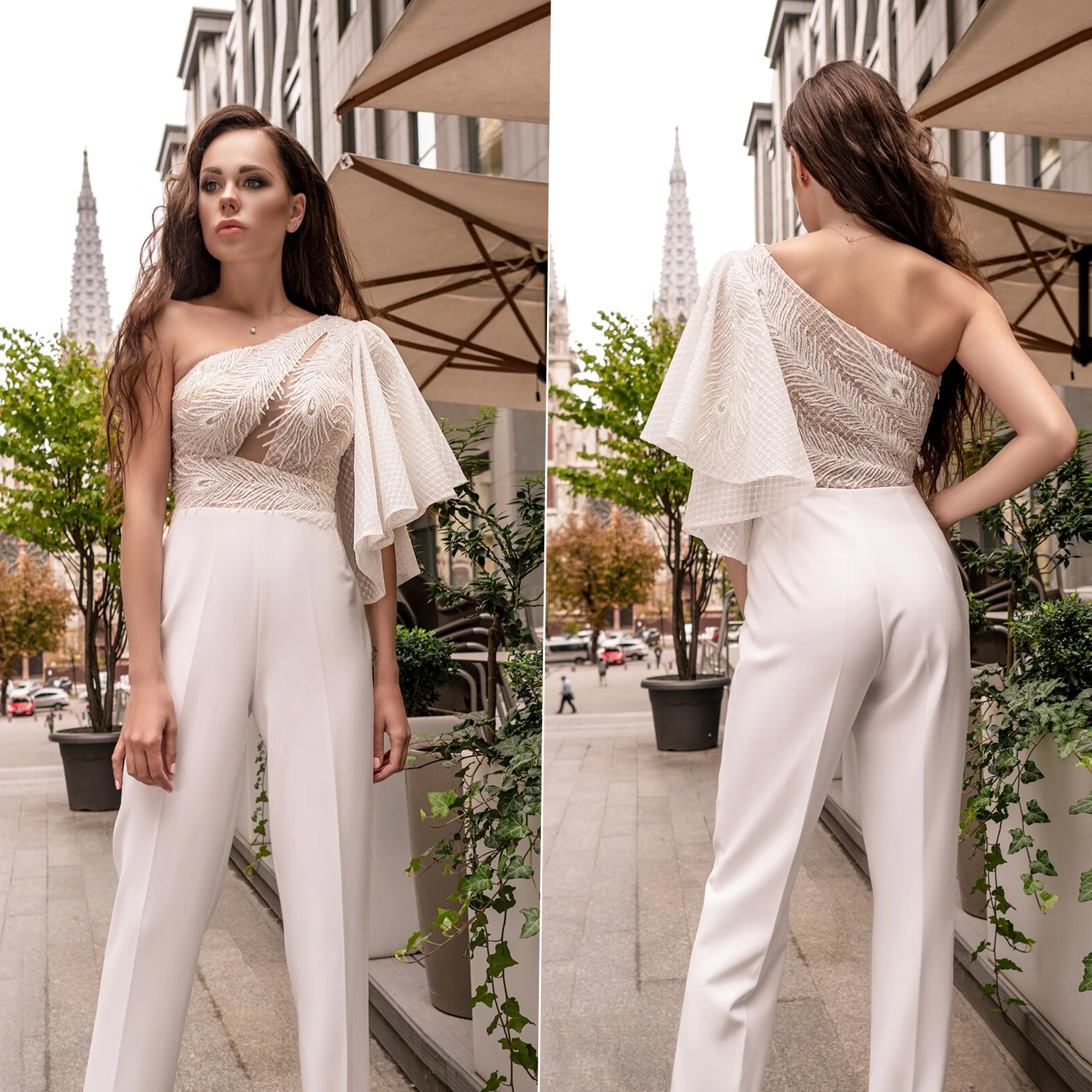 Bohemian satu bahu celana setelan gaun pernikahan Boho Jumpsuits elegan renda kustom pakaian pengantin gaun pengantin Vestido De Novia