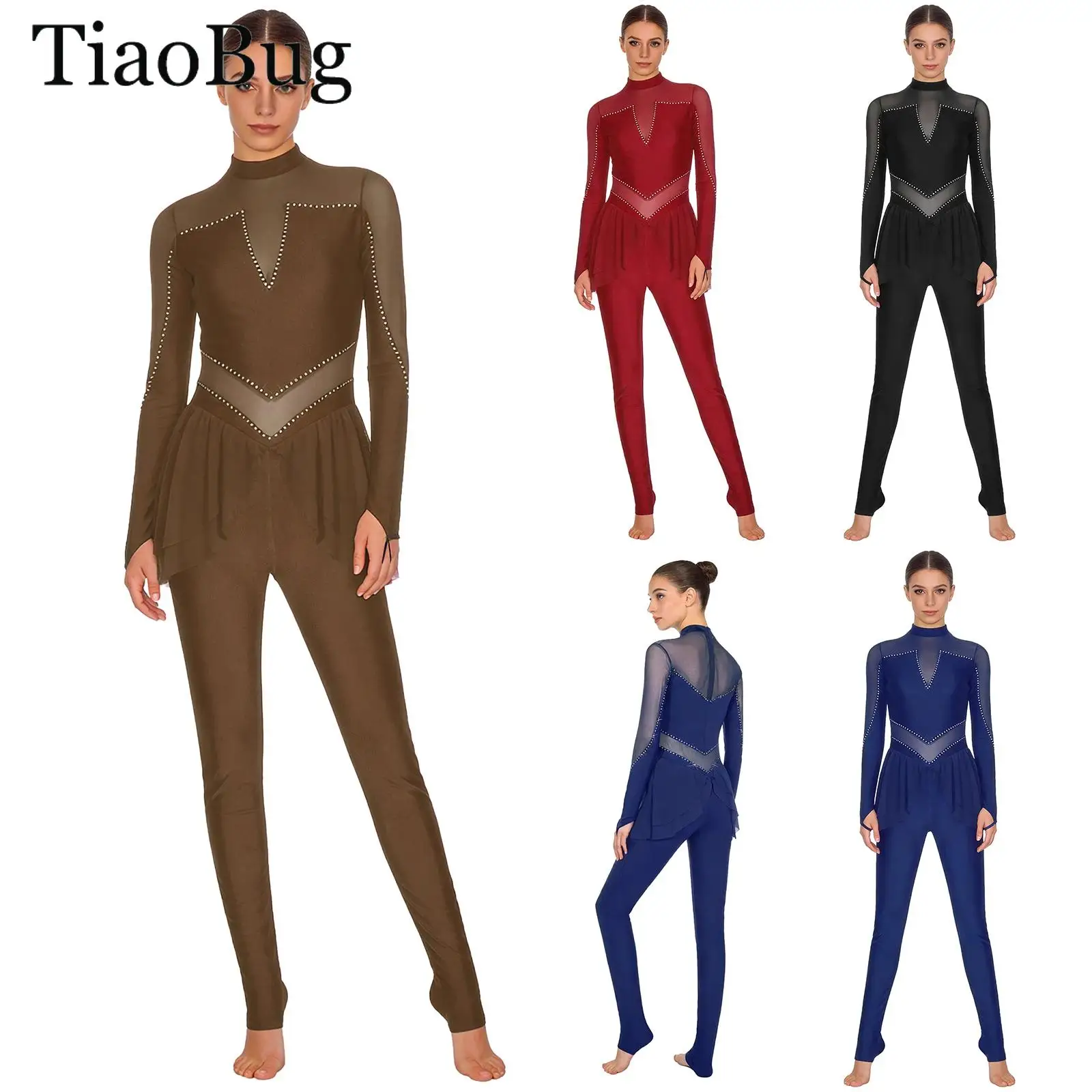 

Women Shiny Rhinestones Ballet Gymnastic Jumpsuit Sheer Mesh Patchwork Long Sleeve Figure Skating Leotard Bodysuit Yoga Unitards