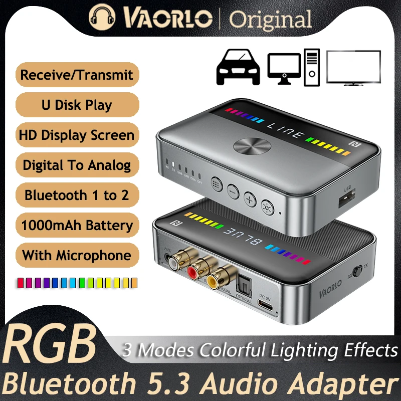 NFC Bluetooth 5.3 Receiver Transmitter DAC Converter With RGB Light Digital To Analog Audio Adapter  For TV Computer Car Speaker