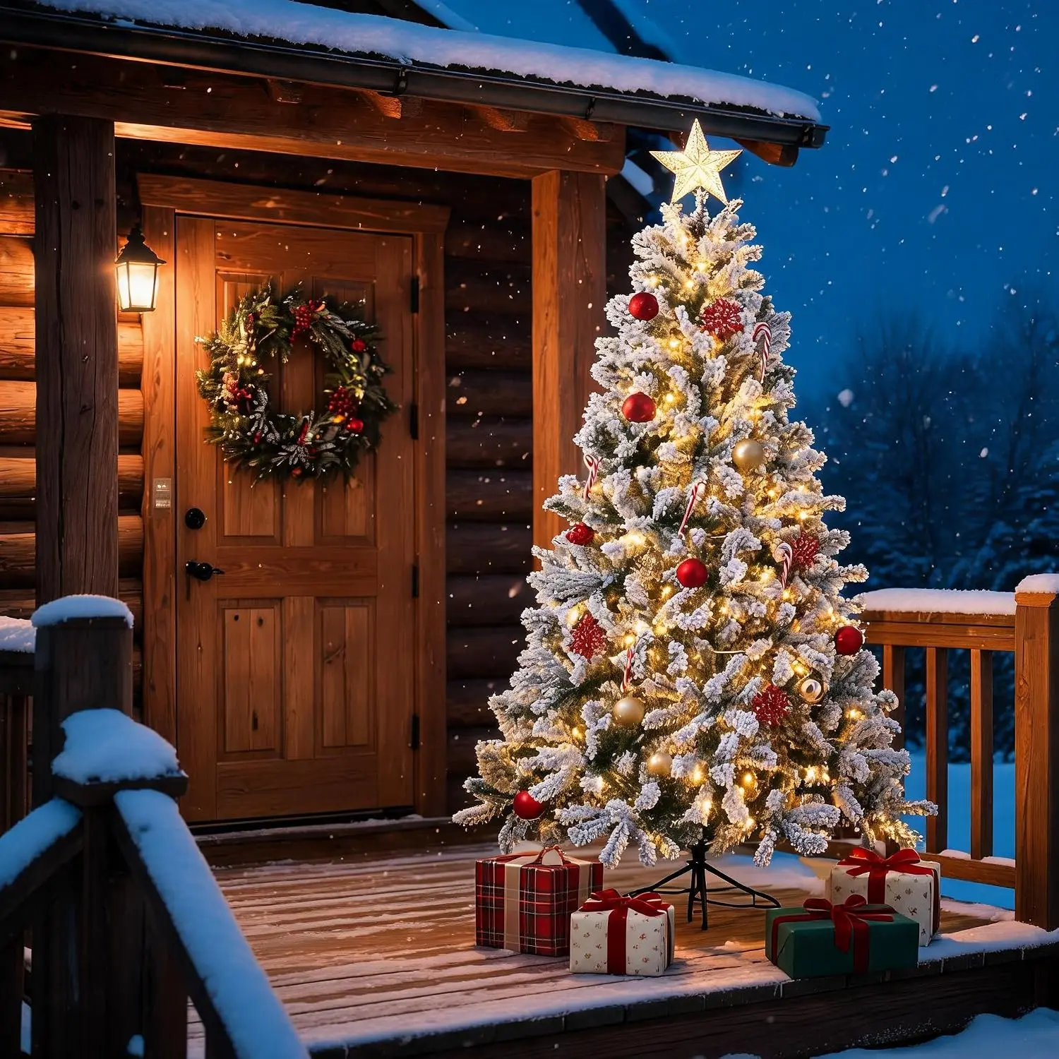 Outdoor Patio Decor 6 Ft Pre Lit Snow Flocked Christmas Tree with 250 Dual Color LED Lights Warm White and Multicolor 11 Lighting Modes 800 PVC Branch Tips Hinged Branches and Folding Metal Stand for Indoor Holiday Decor