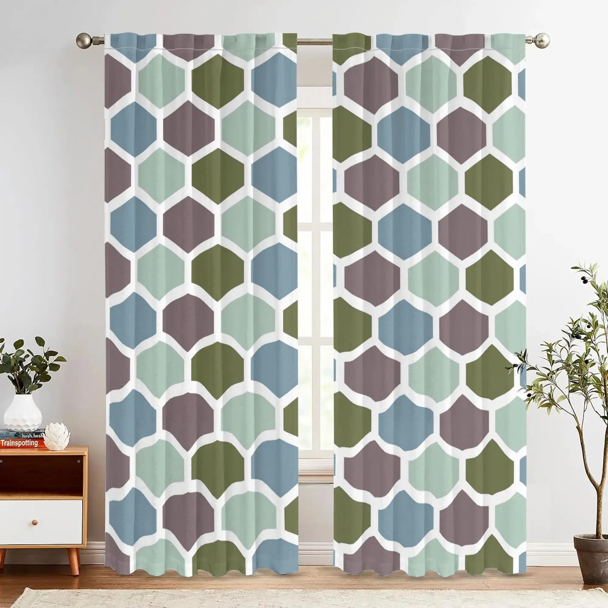 Modern Geometric Hexagon Print Curtains 2pcs Pair Abstract Window Drapes for Living Room Bedroom Home Decor Wall Curtain Panels