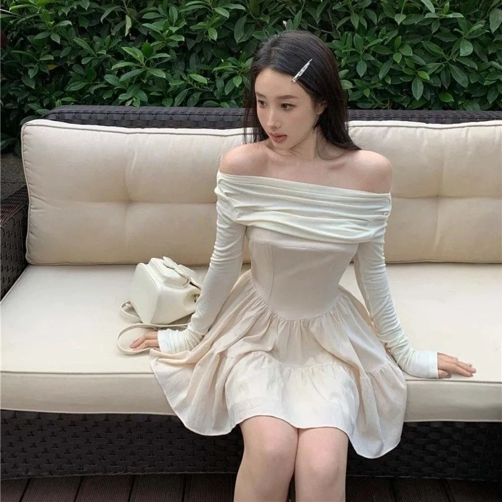 French Sweet Long Sleeved Slim Short Skirt Slim Fit Korean Fashion One Collar Dress Y2K Lightweight A-line Short Skirt Club