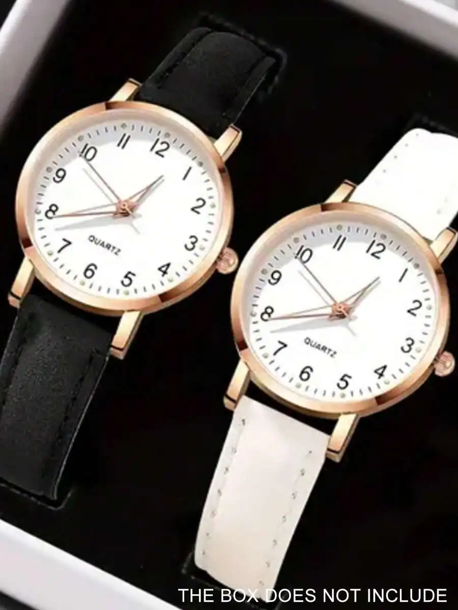 3pcs Women's Quartz Watches, Classic Round Dial Design With Black, White And Pink Leather Straps, Clear Numeric Markings, view 6